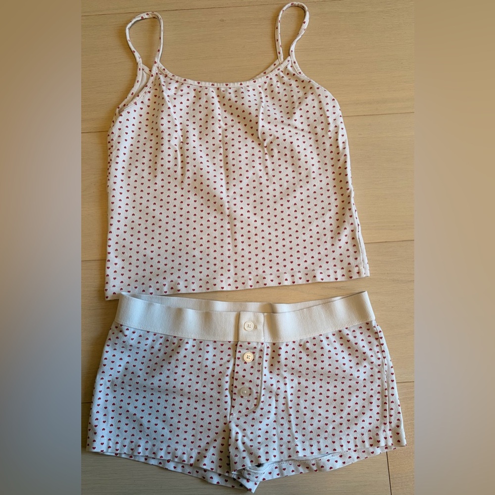 Brandy Melville White Tank and Shorts Set with Red Heart Print